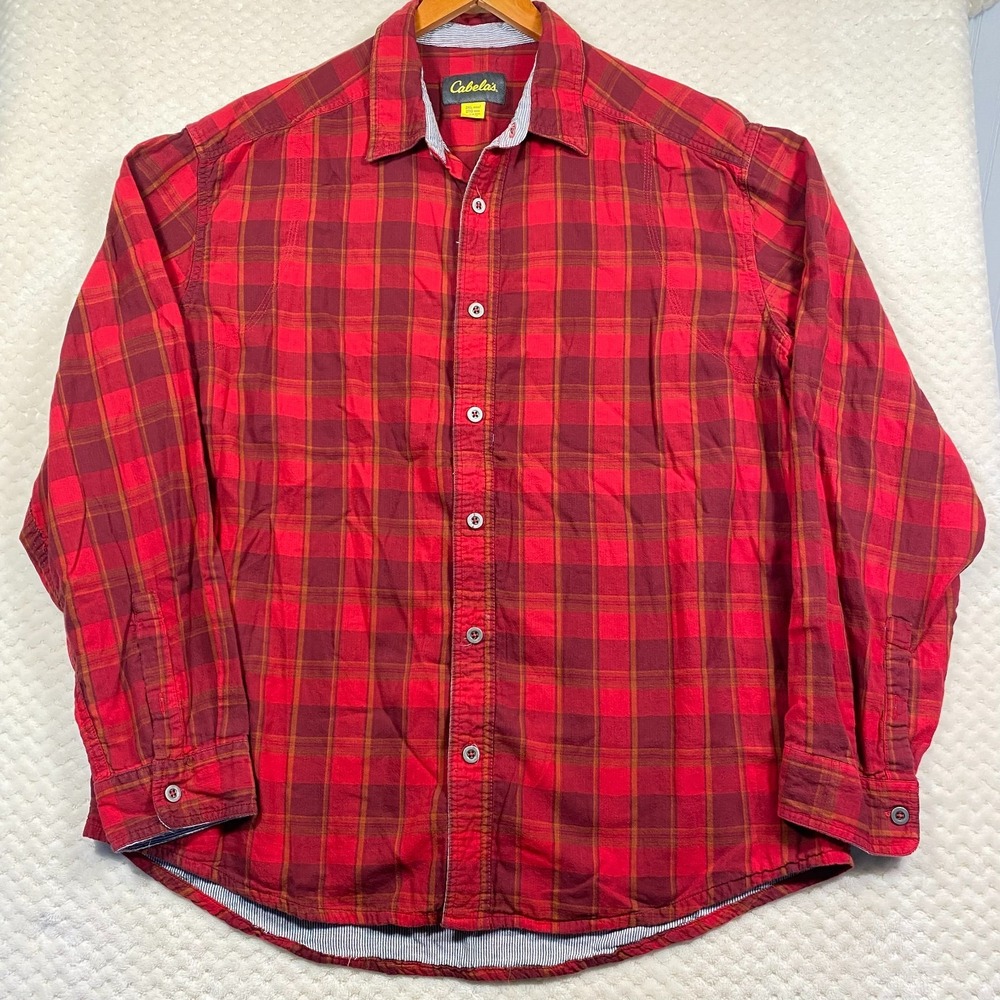 Cabelas Mens Red Plaid Button Down Shirt Long Sleeve 2XL Lightweight 90-6624